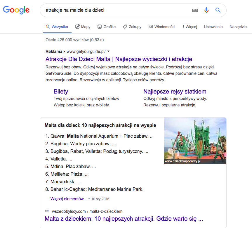 Przykład, jak autorzy bloga Wszedobylscy.com wykorzystują możliwość znalezienia się w snippecie pod postacią listy