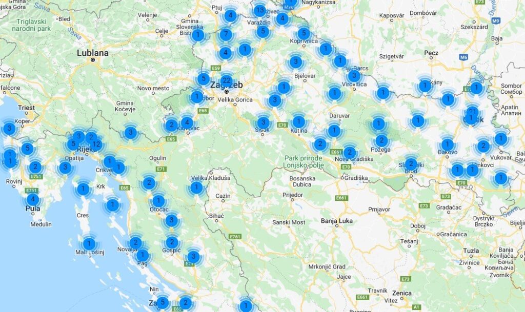 Mapa stacji ładowania samochodów elektrycznych na terenie Chorwacji